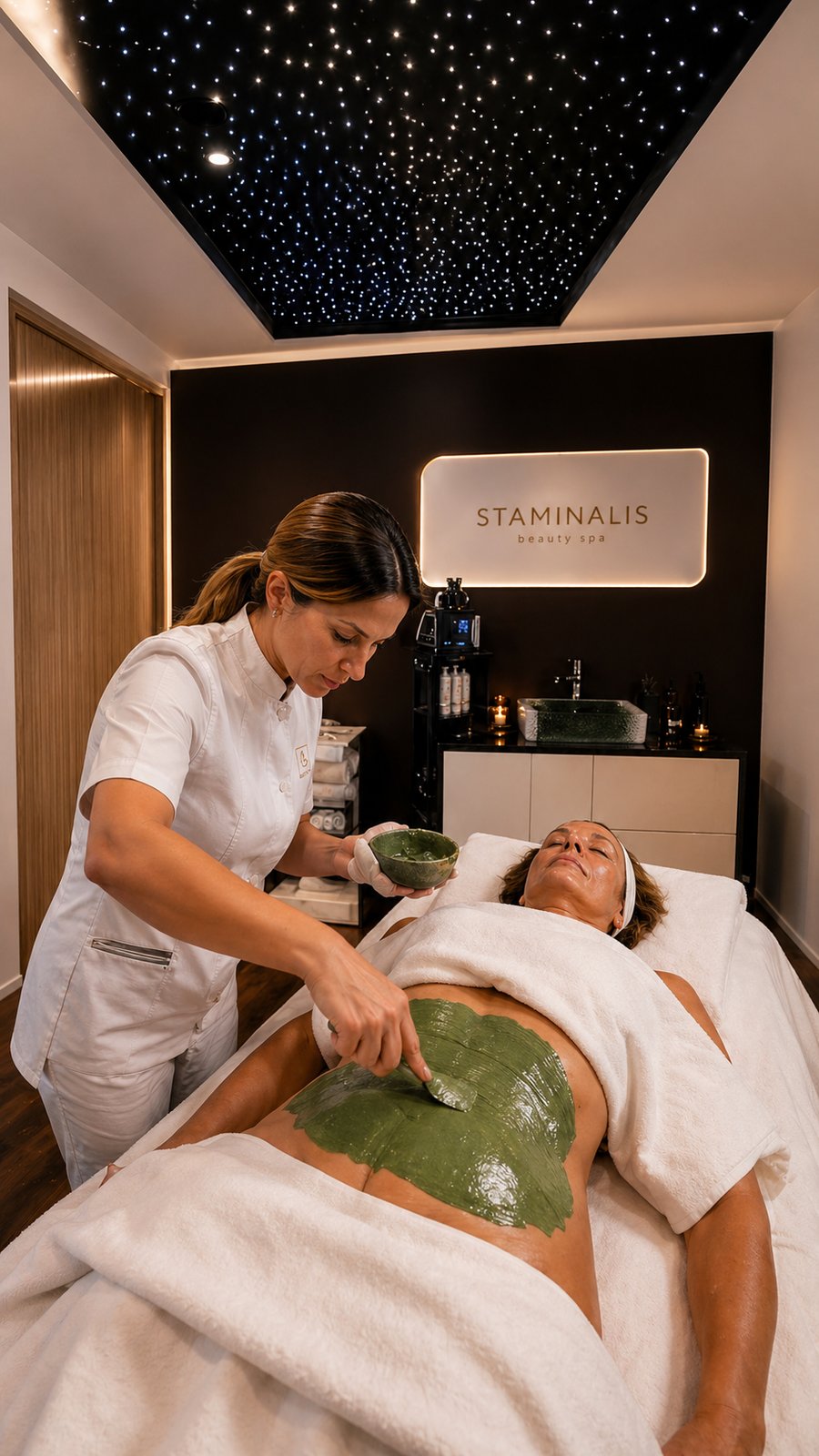 Trattamento corpo all'alga nella cabina Staminalis Beauty Spa con cielo stellato